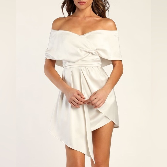 Lulus Always Celebrating Ivory Satin Off-the-Shoulder Mini Dress - Picture 3 of 12